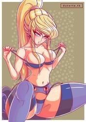 bangs blonde_hair blue_eyes blue_lingerie blue_stockings bra breasts cleavage curvaceous curvy dutertox female female_only garter_belt hips large_breasts lingerie metroid navel nintendo overflowing_breasts samus_aran sidelocks squatting stockings thick_thighs thong video_games wide_hips