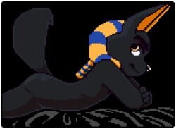 animated anthro anubian_jackal anubis anubis_and_the_buried_bone ass bed canid canine canis crossed_arms cub deity digital_media_(artwork) egyptian_mythology fuckboy furniture gif harmarist headdress jackal loop lying male male_only mammal middle_eastern_mythology mythology nude on_front pixel_art smile solo tailwag waiting yaoi young