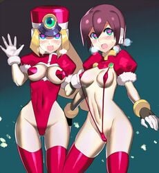 2girls aile alternate_costume blonde_hair blue_eyes blush breasts breath brown_hair cameltoe covered_navel gloves green_eyes hat heart heart-shaped_pupils heart_pasties heavy_breathing legwear leotard long_hair looking_at_viewer medium_breasts mega_man mega_man_zx multicolored multicolored_clothes multicolored_gloves multiple_girls navel open_mouth panties prairie puffy_short_sleeves puffy_sleeves pussy_juice pussy_juice_drip robot_ears shako_cap short_hair short_sleeves sling_bikini small_breasts smile steam sweat swimsuit symbol-shaped_pupils thighhighs thong ukimukai white_gloves wide_hips