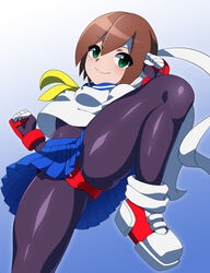 1girls aile artificial_skin breasts brown_hair clenched_hands cyborg female fighting_stance gauntlets green_eyes hair_between_eyes human mega_man mega_man_zx rockman rockman_zx sailor_uniform sakura_kasugano_(cosplay) school_uniform serafuku shoes short_hair solo street_fighter underwear upskirt xenoxeno