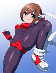 1girls aile artificial_skin bra breasts brown_hair clenched_hands cyborg erect_nipples erect_nipples_under_clothes female fighting_stance gauntlets green_eyes hair_between_eyes headband human mega_man mega_man_zx nipples nipples_visible_through_clothing panties rockman rockman_zx sakura_kasugano_(cosplay) shoes short_hair solo street_fighter underwear xenoxeno