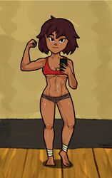 ajna_(indivisible) boyshorts brown_hair brown_skin indivisible muscular_female podree short_hair tomboy workout