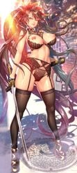 1girls absurdres areolae big_breasts breasts female female_only ha_yuri_jahad heart_heels highres katana large_breasts looking_at_viewer lucknight nipples solo sword thighhighs tower_of_god weapon