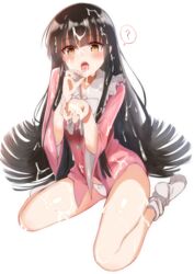 ? bangs bare_legs black_hair blush bow bow_panties bowtie brown_eyes commentary_request cum cum_in_mouth cum_on_body cum_on_hair cum_on_lower_body cum_on_upper_body facial fellatio_gesture female frilled_shirt_collar frills hands_up highres kaguya_houraisan long_hair long_sleeves looking_at_viewer no_pants no_shoes open_mouth panties pink_shirt revision shirt sidelocks simple_background sitting socks solo spoken_question_mark taki_sandstone thighs tksand tongue touhou underwear very_long_hair wariza white_background white_bow white_legwear white_neckwear white_panties wide_sleeves