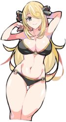 1girls abs alternate_breast_size alternate_outfit armpits arms_up_pose bikini blonde_hair breasts cleavage clothed cynthia_(pokemon) enpe eye_contact female grey_eyes hair_over_one_eye human looking_at_viewer nintendo pokemon pokemon_dppt pose solo swimsuit thick_thighs thigh_gap wide_hips