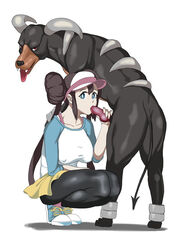 1boy 1girls a.pg alternate_outfit blue_eyes brown_hair canine clothed_female_nude_male eye_contact fellatio female female_human feral feral_on_female feral_on_human furry houndoom human interspecies knot larger_female long_hair looking_at_viewer male male/female male_pokemon male_pokemon/female_human nintendo nipples_visible_through_clothing oral pantyhose pokemon pokemon_bw2 pokemon_gsc pokephilia rosa_(pokemon) size_difference skirt smaller_male squatting tongue_out white_background zoophilia