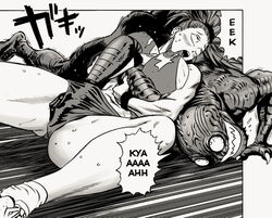 1boy 1girls action_lines ahe_gao blush bracelet captain_mizuki crop_top erect_nipples female fingering hair_tie large_breasts laying_down looking_away male monochrome monster muscular one-punch_man panties rape ripped_clothing shoes socks speech_bubble sweat text vylfgor wristband