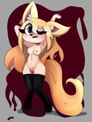 arms_in_the_air big_tail blonde_hair cyan_(artist) cyan_(youtube) cyan_(youtuber) cyan_la_furra fang furry furry_ears hands_up heart-shaped_pupils heart_shaped_nose one_eye_closed poh_(cyan) small_breasts stockings tagme youtube youtube_hispanic youtuber