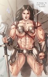 abs armor backpack biceps big_breasts black_hair blush breasts cleavage collarbone english_text extreme_muscles female female_only holding_weapon huge_breasts human janrock large_breasts large_female long_hair looking_at_viewer lydia melee_weapon muscles muscular_female muscular_thighs pale_skin shield sideboob skimpy_armor skyrim solo speech_bubble standing sword talking_to_viewer text the_elder_scrolls thick_thighs unconvincing_armor underboob vambraces weapon