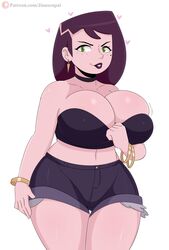 big_hips bracelet cleavage clothed earrings female green_eyes huge_breasts jean_shorts jinu joy_johnson-johjima mole mole_under_eye monster_prom naughty_face purple_hair purple_lipstick seductive seductive_smile smile teasing thick_thighs witch