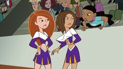 black_female black_hair bonnie_rockwaller brown_eyes brown_hair cheerleader_uniform conscious dark-skinned_female dark_skin disney disney_channel edit erect_nipples female ginger green_eyes huge_breasts kim_possible kimberly_ann_possible light-skinned_female massive_breasts monique_(kim_possible) multiple_girls nipple_bulge phantomenforcer_(artist) screenshot screenshot_edit tan-skinned_female teal_eyes white_female