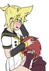 2boys bandage_on_nose black_sclera blonde_hair blowjob blue_eyes blush blush_lines blushing choker detached_sleeves ear_piercing fellatio femboy fukase gay hand_in_hair hand_on_another's_head hoodie kagamine_len large_penis lip_piercing nose_bandage oral partially_clothed red_eyes red_hair ring sailor_collar scar see-through_sleeves short_hair simple_background tie vocaloid vocaloid_4 white_background yaoi