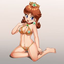 1girls bare_shoulders barefoot bikini blue_eyes brown_hair cleavage crown curvaceous curvy earrings female female_only gradient_background grey_background looking_to_the_side mario_(series) nintendo princess_daisy razorkun simple_background sitting solo thick video_games wide_hips