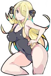 1girls abs alternate_breast_size alternate_outfit armpits blonde_hair breasts cleavage clothed cynthia_(pokemon) enpe eye_contact female grey_eyes hair_over_one_eye human looking_at_viewer nintendo pokemon pokemon_dppt pose solo swimsuit thick_thighs thigh_gap thighs wide_hips