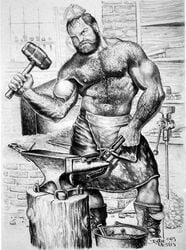 1990s 1995 1boy 20th_century abs anvil apron arm_hair artist_name beard beefy biceps black_and_white blacksmith body_hair boots bucket chest_hair dade_ursus facial_hair hairy_chest hairy_male hairy_stomach hammer horseshoe looking_at_viewer male male_nipples male_only muscles muscular_male mustache no_visible_genitalia partially_clothed pecs pliers solo tattoo_on_arm topless vice working workshop