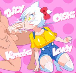 bowtie clothed_female_nude_male clothes cum cum_in_mouth faceless_male fellatio female hair_ornament hello_kitty hello_kitty_(character) hello_kitty_(series) humanized kitty_white male minus8 nipples_visible_through_clothing oral overalls personification sanrio stockings surprise_oral surprised tears thighhighs yellow_eyes yellow_shirt