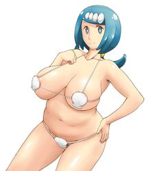 1girls alternate_outfit areola_slip areolae armpit_hair armpits belly bikini blue_eyes blue_hair breasts busty chubby eye_contact female female_only freckles hairy huge_breasts human human_only lana's_mother_(pokemon) looking_at_viewer milf mob_face mother navel nintendo pokemon pokemon_sm pose pubic_hair solo thick_thighs tof voluptuous white_background wide_hips