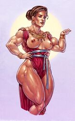 1girls amazon ancient_history areolae ass athletic athletic_female biceps bodybuilding bracelet breasts breasts_out brown_hair carthage civilization civilization_vi collarbone dido_of_carthage dress earrings female female_only flexing gold gold_jewelry gradient_background hair_bun hairband hand_on_hip history hoop_earrings human human_only janrock jewelry large_breasts lipstick mediterranean medium_breasts muscles muscular_female muscular_legs necklace nipples no_bra queen red_dress red_lipstick royalty smooth_skin solo solo_female thick_thighs