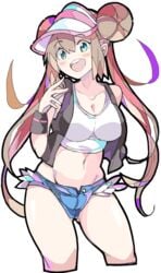 1girls abs alternate_hair_color alternate_outfit blonde_hair blue_eyes breasts clothed cosplay enpe eye_contact fusion hilda_(pokemon)_(cosplay) human large_breasts looking_at_viewer nintendo pokemon pokemon_bw pokemon_bw2 rosa_(pokemon) shirt shorts solo thick_thighs thigh_gap thighs wide_hips