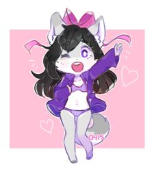 2018 accessory aggie_(agamnentzar) anthro arctic_fox black_hair blush bow bra breasts canid canine chibi clothed clothing digital_media_(artwork) female fox fur furry furry_only hair hair_accessory hair_ribbon hairbow heart jacket looking_at_viewer mammal navel one_eye_closed open_mouth panties pearlchan purple_eyes ribbons simple_background smile solo standing tail teeth topwear underwear white_body white_fur wink