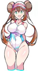 1girls alternate_outfit breasts enpe eye_contact human looking_at_viewer nintendo one-piece_swimsuit pokemon pokemon_bw2 rosa_(pokemon) swimsuit thick_thighs thigh_gap wide_hips