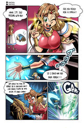 1boy 1girls a_link_between_worlds absurd_res attack blonde_hair breasts breath_of_the_wild clothed clothing comic cute dress english_text evil_smile female fight fighting fingerless_gloves green_eyes hair hands_on_head highres holding holding_sword japanese_text jojo_reference laugh laughing link link_(breath_of_the_wild) magic male mario_(series) master_sword necklace nintendo one_eye_closed princess_zelda royalty sasatseng shocked sparkle speech_bubble super_smash_bros. sword text the_legend_of_zelda upset wink zelda_(a_link_between_worlds) ゴゴゴゴゴ