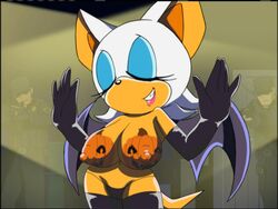 bodypaint edit elbow_gloves gloves halloween hands_up huge_breasts jack-o'-lantern paint puffy_nipples pumpkin_boobs rouge_the_bat screenshot screenshot_edit scrimmy shortstack sonic_(series) sonic_x