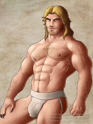 1boy abs arm_hair blonde_hair bulge chest_hair claws clenched_fist color digital_media_(artwork) facial_hair fangs flaccid hairy hairy_chest headingsouth jockstrap long_hair looking_at_viewer male male_only marvel marvel_comics muscle muscular mutant naughty_face nipples pecs sabretooth smile solo stubble thick_eyebrows treasure_trail underwear victor_creed villain white_underwear x-men yellow_eyes