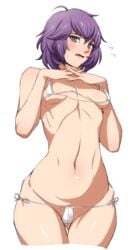 1girls bernadetta_von_varley bikini blush breasts embarrassed female female_only fire_emblem fire_emblem:_three_houses from_below grey_eyes looking_down micro_bikini navel nintendo open_mouth purple_hair short_hair short_purple_hair shy simple_background small_breasts solo string_bikini swimsuit tesu white_background white_bikini white_swimsuit