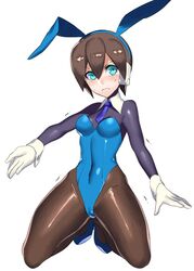 aile alternate_eye_color animal_ears bangs blue_eyes blue_footwear blue_neckwear blush bodysuit breasts brown_hair bunny_ears bunny_girl bunnysuit capcom detached_collar female female_protagonist full_body gloves hair_between_eyes kneeling mega_man mega_man_zx necktie pantyhose robot_ears rockman rockman_zx short_hair simple_background skin_tight solo spandex ukimukai white_background wrist_cuffs