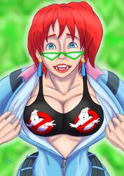 1girls artist_request blue_eyes cleavage curvy erect_nipples female ghostbusters glasses huge_areolae huge_ass huge_breasts janine_melnitz orange_hair puffy_nipples red_hair short_hair thick_lips voluptuous wide_hips