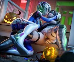 2girls 3d anal anal_insertion anal_penetration anus ass big_ass blindfold blizzard_entertainment bodysuit breasts brown_hair candy cosplay costume_switch crossover d.va d.va_(cosplay) eastern_and_western_character female female_only fireboxstudio gloves halloween hana_song headset kissing large_ass medium_breasts multiple_girls nier nier:_automata nier_(series) outfit_swap overwatch purple_bodysuit pussy ripped_bodysuit ripped_clothing tongue_kiss white_hair yorha_2b yorha_2b_(cosplay) yuri