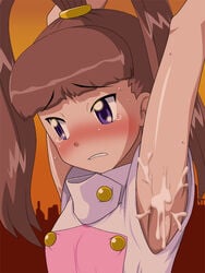 1girls armpits blush brown_hair cum cum_on_armpit digimon digimon_xros_wars flat_chest nene_amano purple_eyes sweat twintails