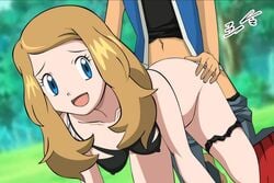 1boy 1girls artist_request ass ass_grab black_bra black_panties black_underwear bra breasts clothes doggy_style eye_contact female hand_on_ass human human_only looking_at_viewer nintendo outdoors panties_around_leg panties_aside partial_male pokemon pokemon_rgby pokemon_xy satoshi_(pokemon) serena_(pokemon) sex source_request text thigh_gap watermark yxyyxy