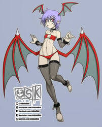 1girls barefoot belly bikini blue_hair chains cute darkstalkers demon_girl eyepatch_bikini female female_only flat_chest head_wings headwings lilith_aensland nude old_skull_kid short_hair simple_background small_breasts solo stockings succubus swimsuit toeless_legwear wide_hips wings