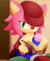 amy_rose big_breasts bra breasts clothed faceless_male female green_eyes hat large_breasts paizuri paizuri_under_clothes penis pink_fur sega slickehedge smile sonic_(series) straight titjob