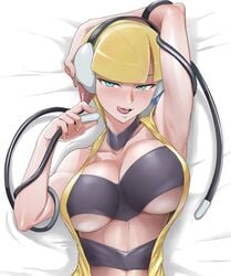 1girls abs alternate_breast_size arm_up armpits athletic athletic_female belly big_breasts blonde_hair blue_eyes blush breasts cleavage clothed clothed_female cropped_image dakimakura elesa_(pokemon) elesa_(pokemon_bw) eye_contact female female_only half-closed_eyes headphones hirokanekure huge_breasts impossible_clothes large_breasts licking_lips looking_at_viewer lying nintendo on_back open_mouth pokemon pokemon_bw pose seductive seductive_look short_hair smile solo teasing teeth toned toned_female tongue tongue_out underboob