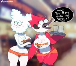 2girls anthro anthro_only big_breasts breasts cleavage cloudy_jay female female_only hooters large_breasts margaret_smith_(regular_show) regular_show somescrub speech_bubble text