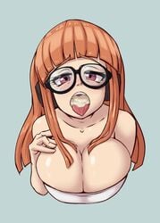 1girls after_deepthroat after_fellatio after_oral alternate_breast_size big_breasts breasts brown_eyes cleavage cum cum_in_mouth cum_inside cum_out_throat egirl eyelashes female female_only fringe ginger glasses hair headphones long_hair megami_tensei open_mouth orange_hair persona persona_5 png purple_eyes sakura_futaba skinny solo swallowing swordkirby throat tongue tongue_out video_games