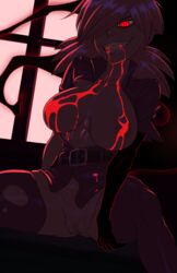 1girls areolae artist_name big_breasts blood breasts clenched_teeth clothing female female_only hair hellsing large_breasts long_hair mostly_nude nipples playzholder pussy red_eyes seras_victoria solo teeth vampire