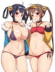 2girls ahoge areola_slip areolae arms_behind_back azur_lane bikini black_hair blush breasts brown_hair choker collarbone cowboy_shot erect_nipples flat_chest fur-trimmed_jacket fur_trim hair_rings hand_holding huge_breasts jacket long_hair looking_at_viewer multiple_girls navel ning_hai_(azur_lane) off_shoulder ping_hai_(azur_lane) purple_bikini purple_eyes red_bikini simple_background sisters skindentation small_breasts stomach swimsuit twintails very_long_hair visor_cap white_background yamaori