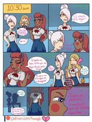 blonde_hair comic dark-skinned_female dark_skin fnafhs hair_over_one_eye homerbls joy_(fnafhs) meg_(fnafhs) one_eye_covered red_hair school_uniform spanish_text tagme text toddy_(fnafhs) white_hair