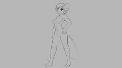 2019 anthro breasts ear_piercing female grey_background hair hand_on_hip mammal monochrome mouse murid murine navel nipples nude piercing pussy rodent short_hair simple_background smile solo standing watsup