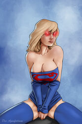 arm_sleeves armwear athletic athletic_female bare_shoulders bare_thighs big_breasts blonde_hair bottomless breasts busty cleavage collarbone covering_crotch covering_pussy dc dc_comics deeaquifolium dress female female_focus female_only glowing_eyes going_commando huge_breasts kara_zor-el large_breasts legwear long_hair pinup pose posing red_eyes sagging_breasts shirt shirt_pull short_dress sitting skimpy skimpy_clothes skimpy_dress sleeves_past_wrists solo spread_legs supergirl superman_(series) tagme thick_thighs thighhighs wide_hips