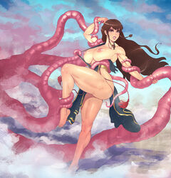 action_pose alternate_costume areolae armpits bare_legs bare_shoulders barefoot biceps big_breasts breasts breasts_out brown_eyes brown_hair busty chinese_clothes chun-li chun-li_(battle_ouffit_sfv) clenched_teeth clothing eyeshadow feet female female_focus female_only fighting imminent_rape kupocun large_breasts long_hair muscular muscular_female muscular_thighs nipples pinup pose posing solo spread_legs street_fighter tentacle tentacle_grab thick_thighs wide_hips