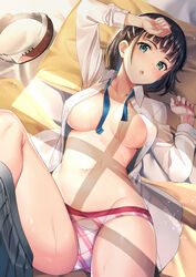 :o amusphere areola_slip areolae bed black_hair blue_eyes blush bob_cut breasts day dress_shirt female female green_eyes hair_ornament hairclip head_mounted_display high_resolution kirigaya_suguha knee_up large_breasts looking_at_viewer lying mokyu navel necktie on_back on_bed open_clothes open_mouth open_shirt pantsu plaid plaid_panties school_uniform shirt short_hair skirt skirt_around_one_leg solo sweat sword_art_online thighs underwear white_panties white_underwear window_shade