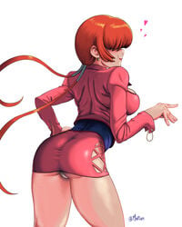 ass bangs bare_legs big_breasts blush breasts busty cleavage_cutout earrings female female_focus female_only hair_over_eyes king_of_fighters large_breasts lipstick long_hair mootium panties red_hair shermie_(kof) skin_tight skirt snk solo tagme