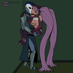 absurdly_long_hair against_wall alien bare_breasts breast_grab entrapta female fright_zone holding_up hordak horde_symbol_(she-ra) jamesab kissing long_hair male mrswindle94 she-ra_and_the_princesses_of_power straight