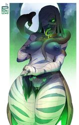 1girls 2d alternate_costume ana_amari areolae bandages blizzard_entertainment blue_skin breasts egyptian female female_only green_eyes looking_at_viewer monster_girl mummy mummy_wrappings night nipples overwatch pharaoh_ana pokilewd serpent snake solo tongue tongue_out undead