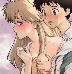 1boy 1girls areolae asuka_langley_sohryu bare_shoulders blue_eyes blush bra breast_grab breast_squeeze breasts breasts_out brown_eyes brown_hair clothing female fondling hand_on_breast kikumaru_bunta large_breasts male neon_genesis_evangelion nipples orange_hair shinji_ikari shoulders sweat sweatdrop tagme